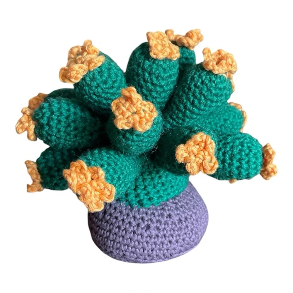 Handmade Blooming Cactus Crochet Succulent with Orange Flowers Desk Decor